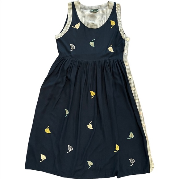 Vintage 90s Papy Boez Sleeveless Black Embroidered Leaves Maxi Dress Sm/Medium - Picture 1 of 6